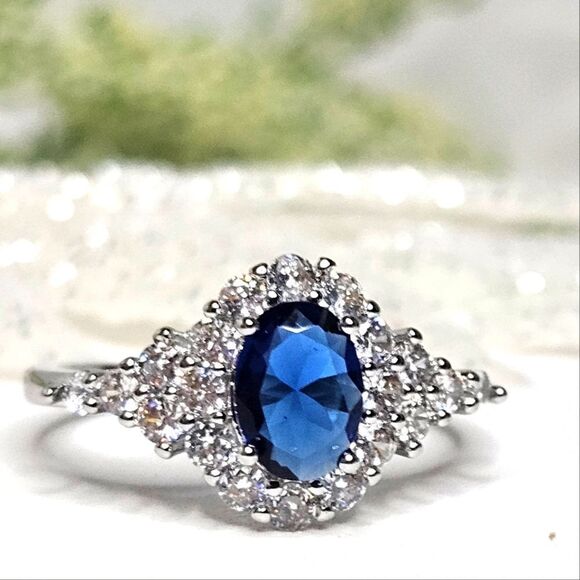 3.0 Ct Sky Blue Sapphire & White Baguette Diamond Cocktail Ring on 925 Silver - Picture 6 of 12